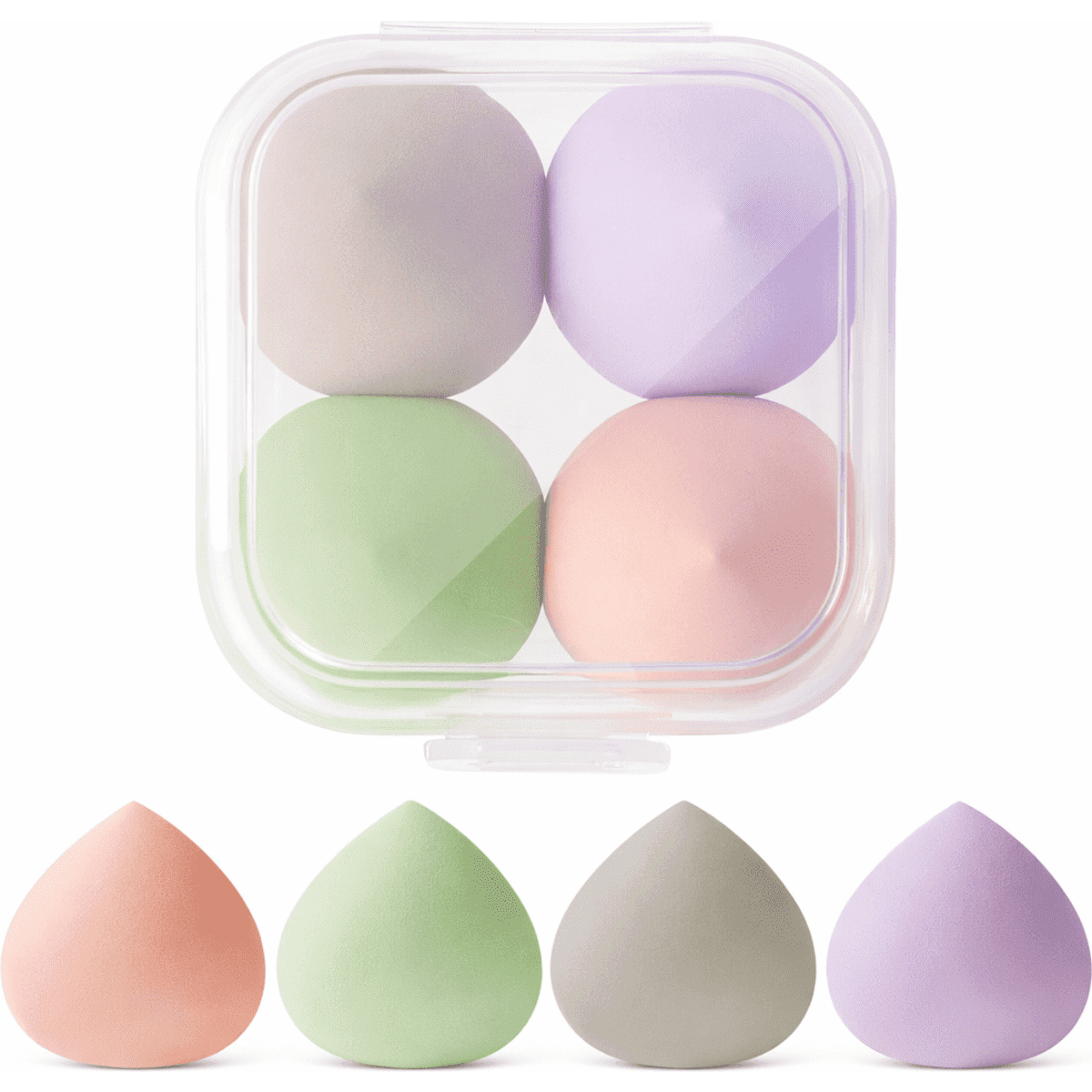 A set of four make-up sponges displayed in a clear container. The sponges are pastel pink, green, lavender, and beige.