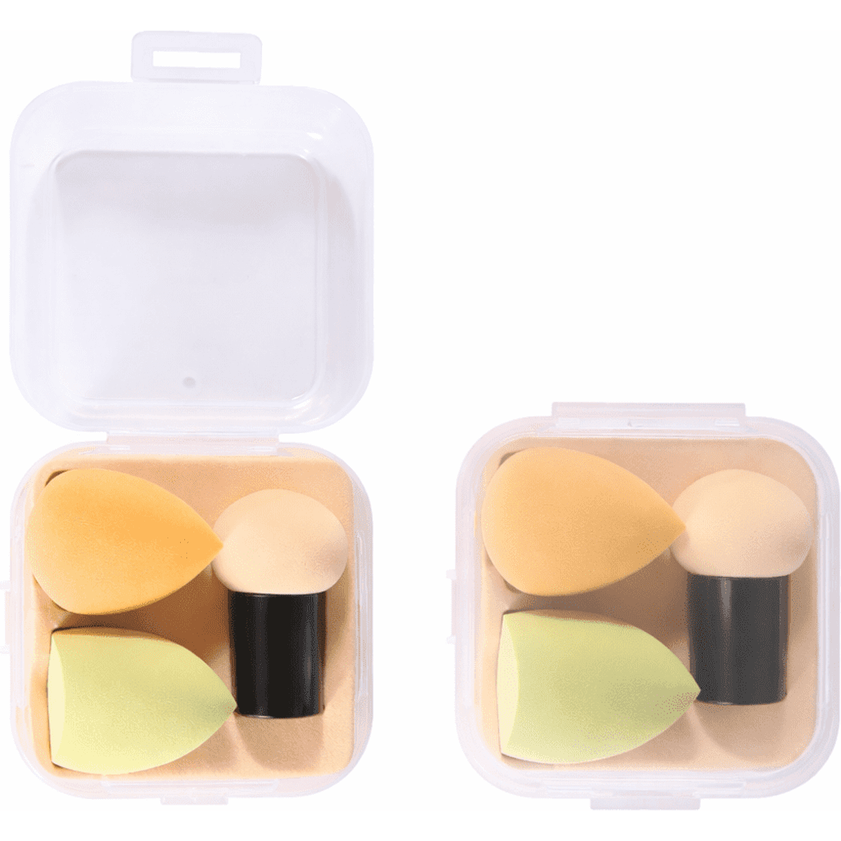 A set of makeup sponges in a transparent container, featuring cream, yellow, and green hues. The container has a secure lid.