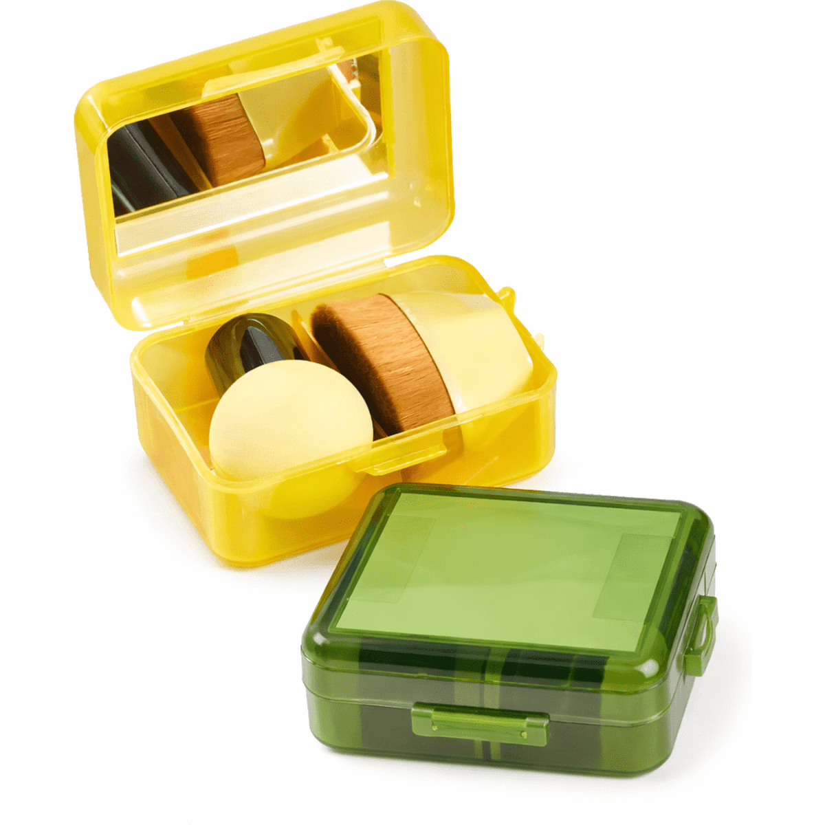 A set of yellow and green cosmetic containers with brushes and powders inside, featuring transparent lids.