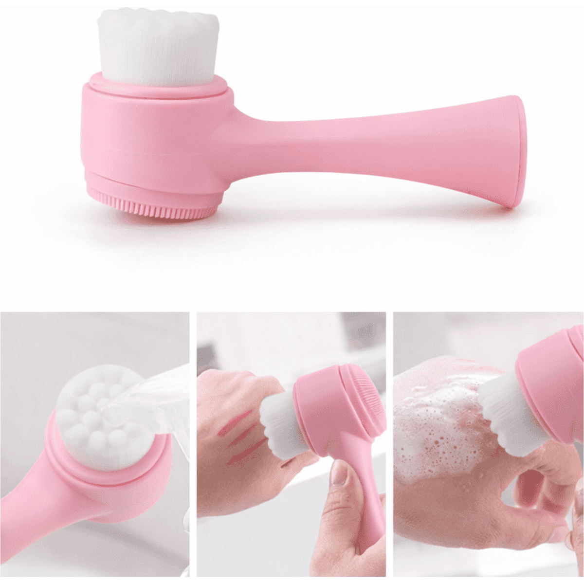 A pink facial cleansing brush with a rounded bristle head, designed for gentle skin cleansing.