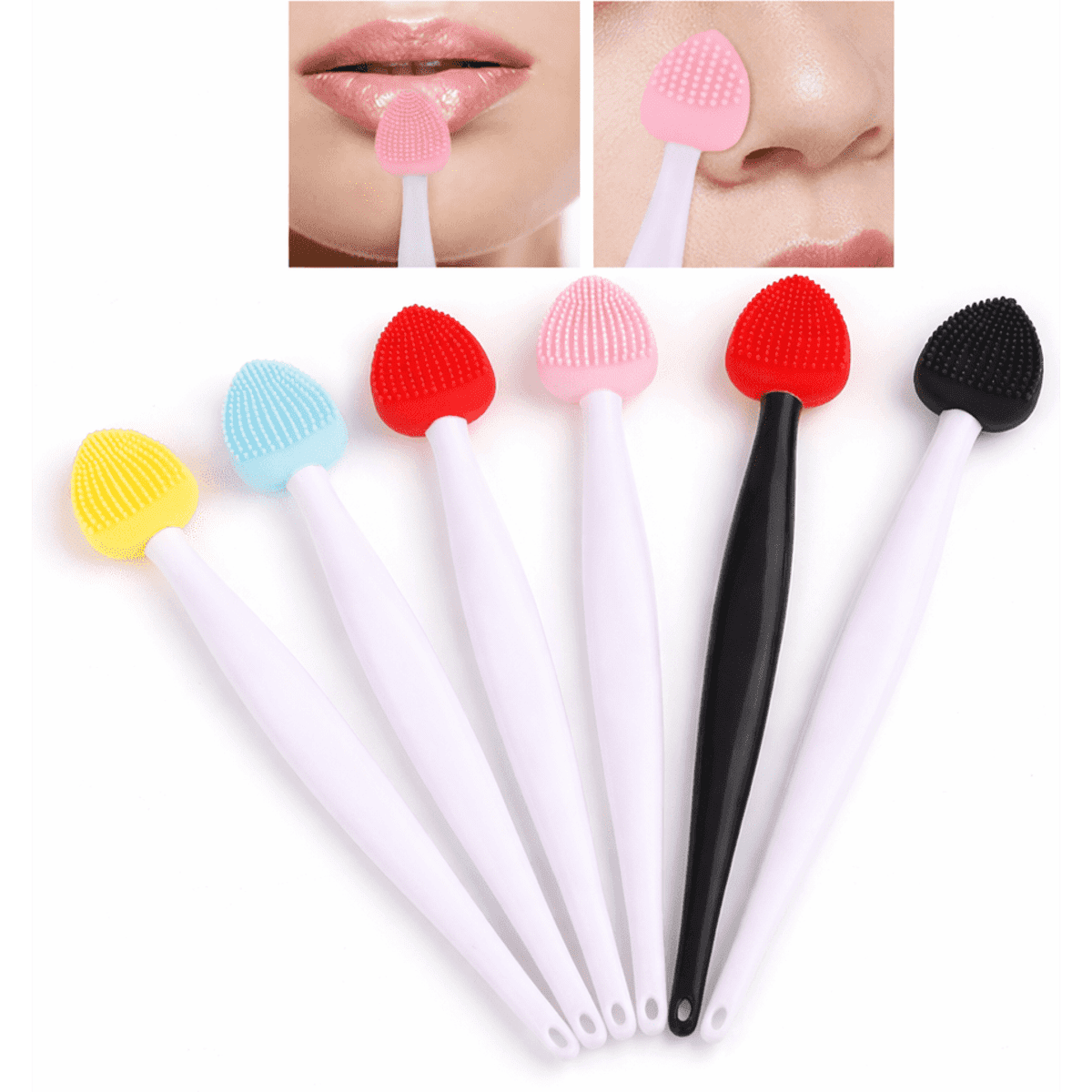 A set of seven silicone facial cleansers in various colours, including red, pink, blue, and yellow, with white handles.