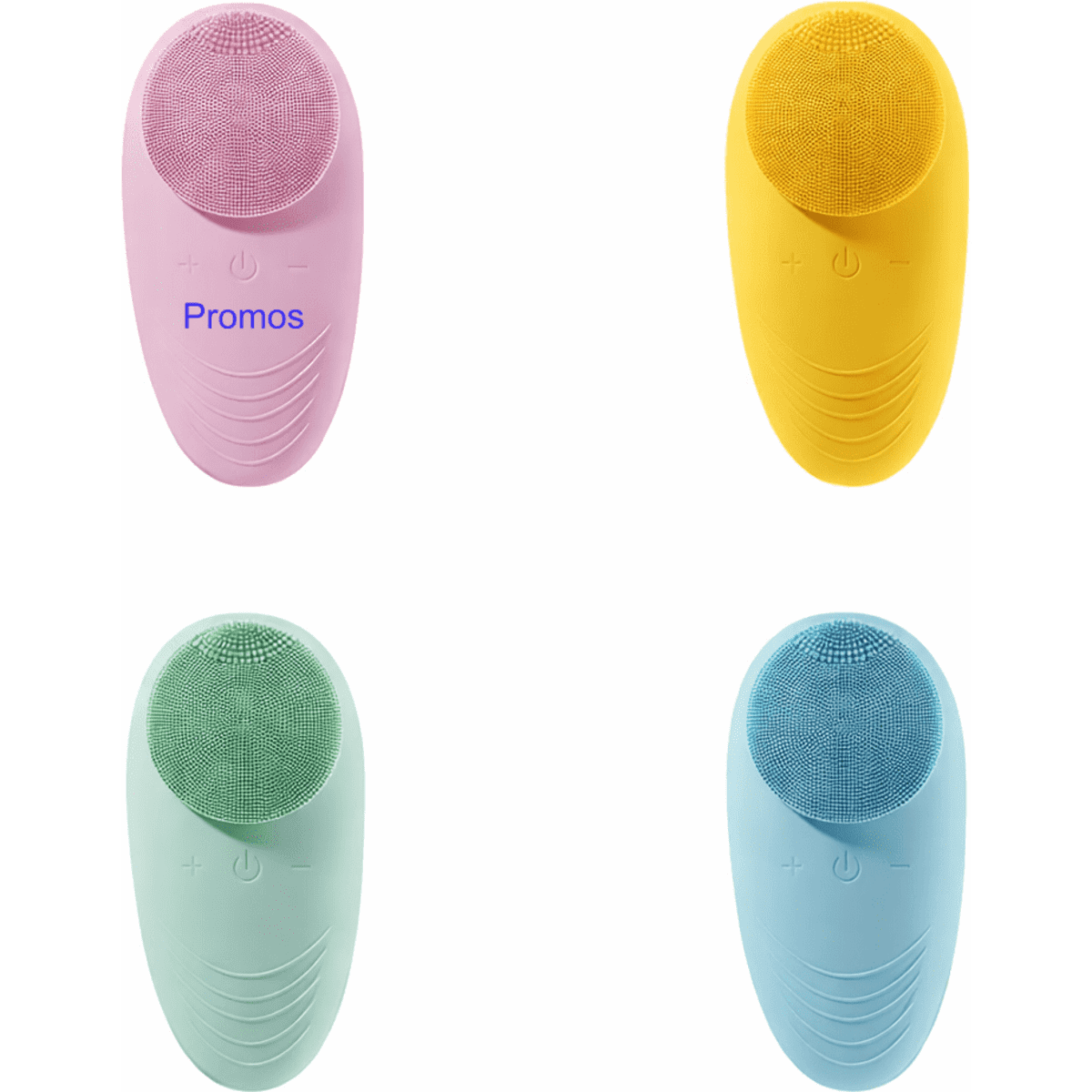 A set of four facial cleansing devices in pink, yellow, green, and blue, each featuring a logo.