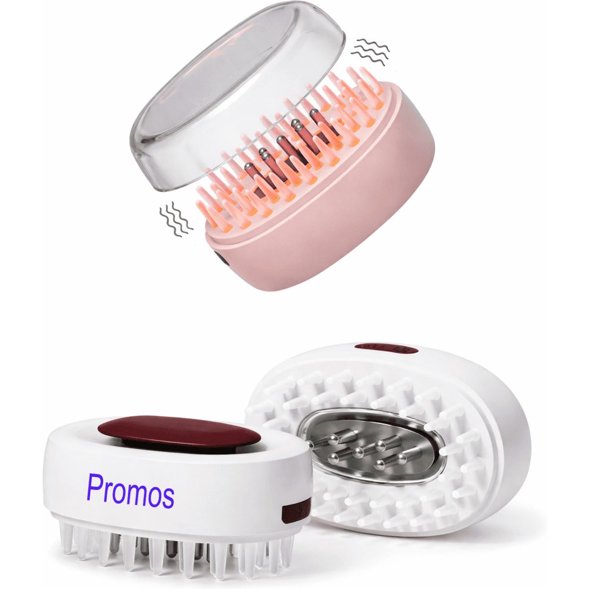 A massager with a transparent lid and pink and white body, featuring soft massage bristles and a logo.