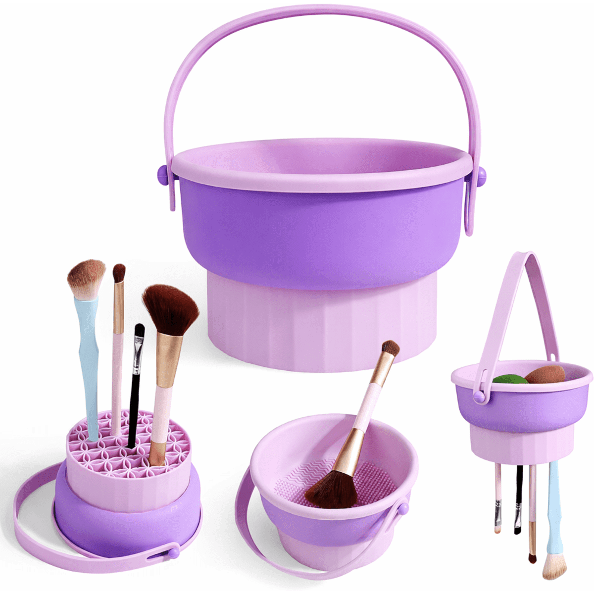 A storage bucket in lavender and light purple, featuring a handle and compartments for holding makeup brushes.