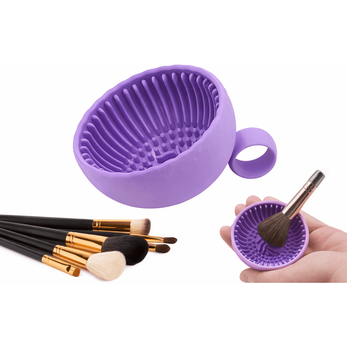 A purple silicone brush cleaning bowl with textured interior, alongside various makeup brushes on one side.