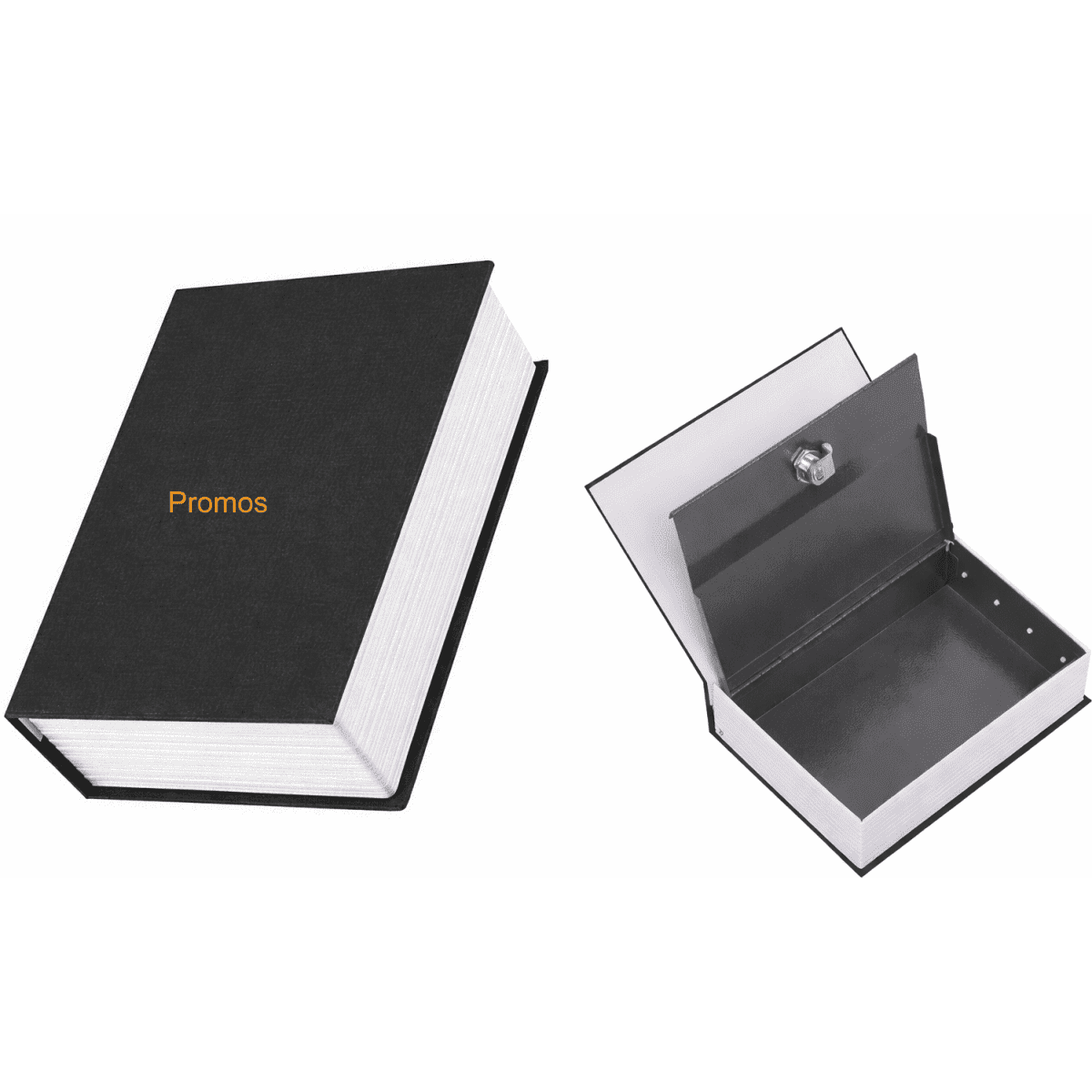 A book-shaped box in black with a silver interior, featuring a clasp closure and a logo on the cover.
