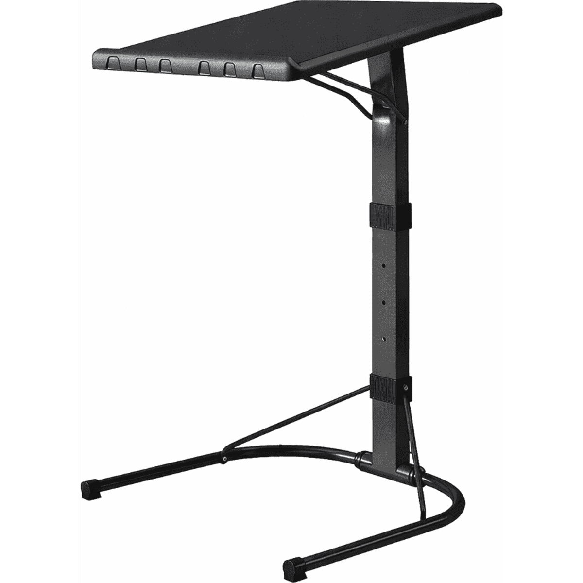 A black, folding table with a sturdy metal frame and adjustable height. It features a flat surface for various uses.