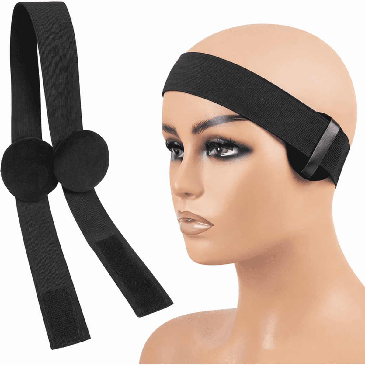 A black headband with velcro straps is displayed on a mannequin head. The design includes circular fabric pads.