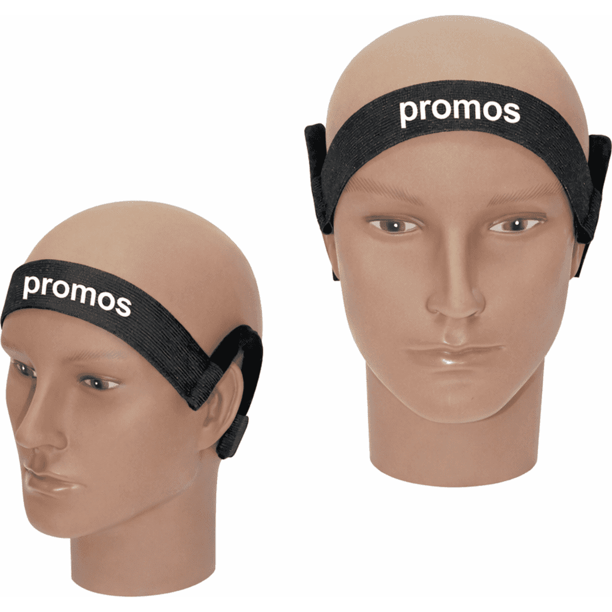 A black headband with adjustable straps and a logo. Designed to fit securely on the head.