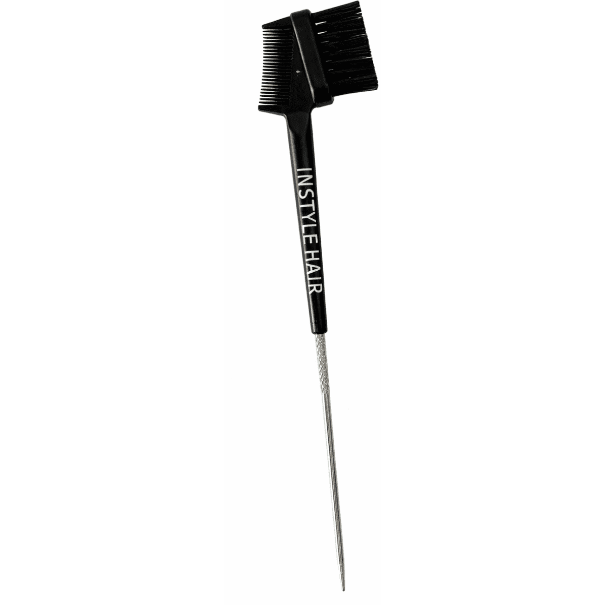 A hairbrush with a fine tooth comb and a bristle brush, featuring a black handle and an attached point.
