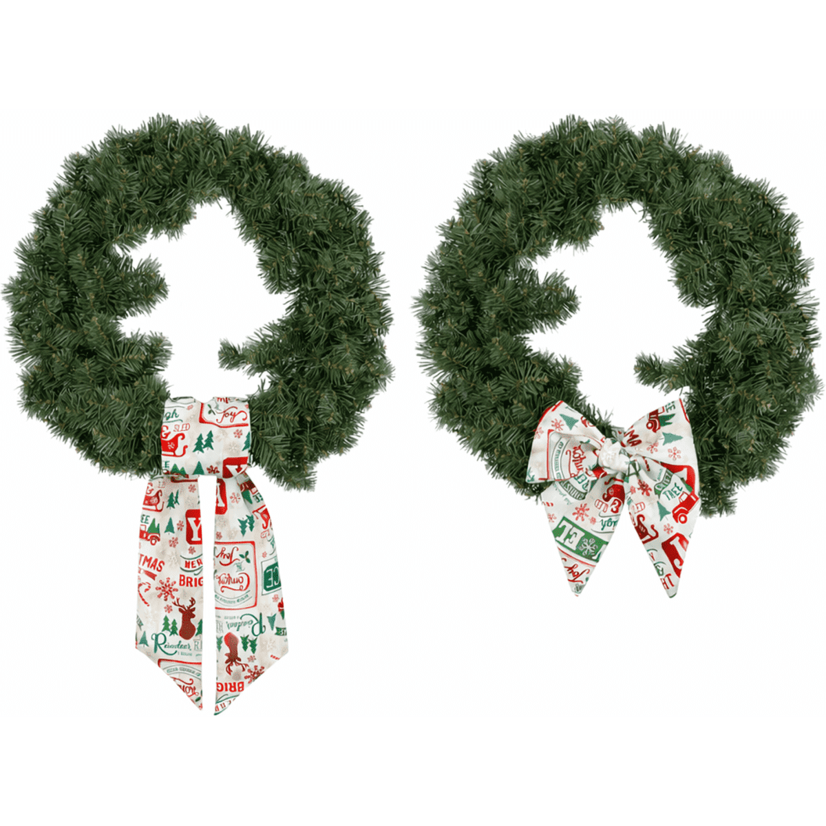 Two festive green wreaths adorned with patterned bows in red, green, and white. Each wreath has a distinct bow design.