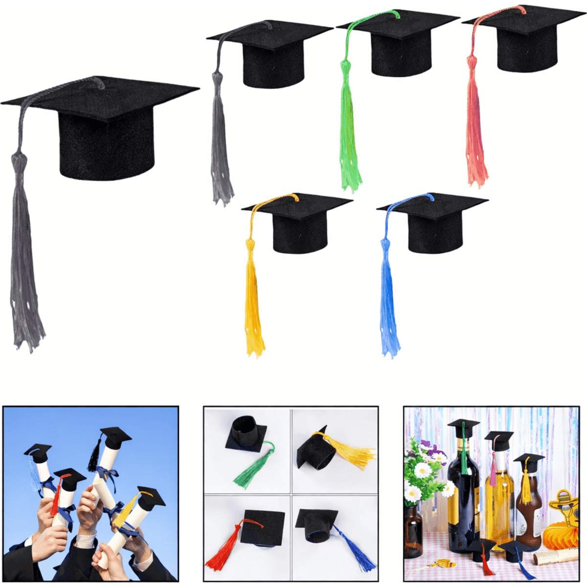 A collection of black graduation caps with colourful tassels in grey, green, red, yellow, blue, and gold.
