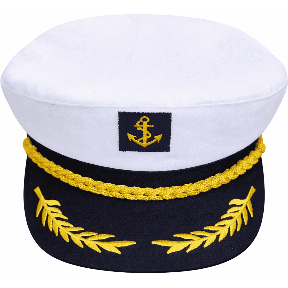 A navy and white captain's hat featuring a gold rope and embroidered anchor logo.