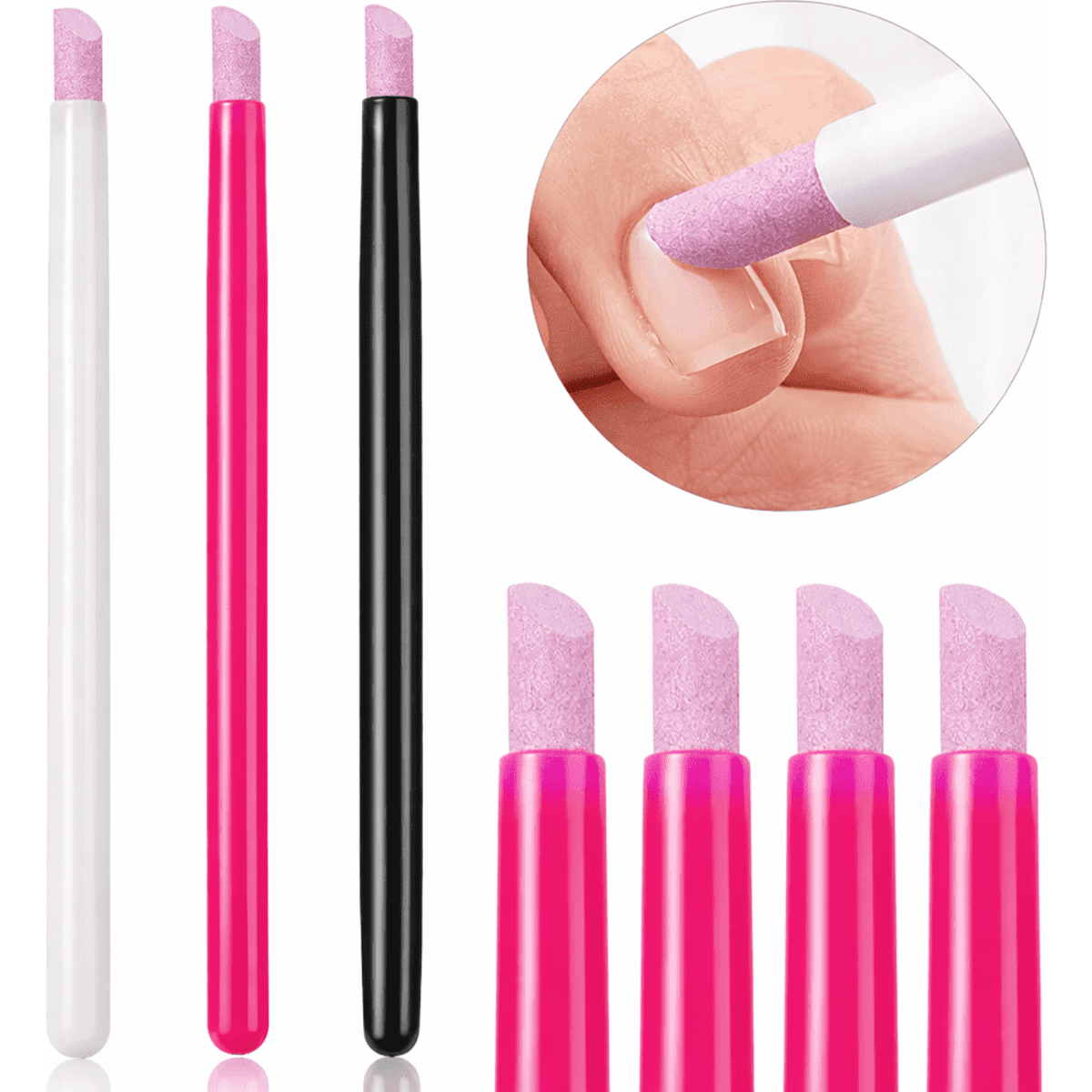 A set of manicure tools featuring pink-tipped applicators in white, black, and pink handles, designed for nail care.