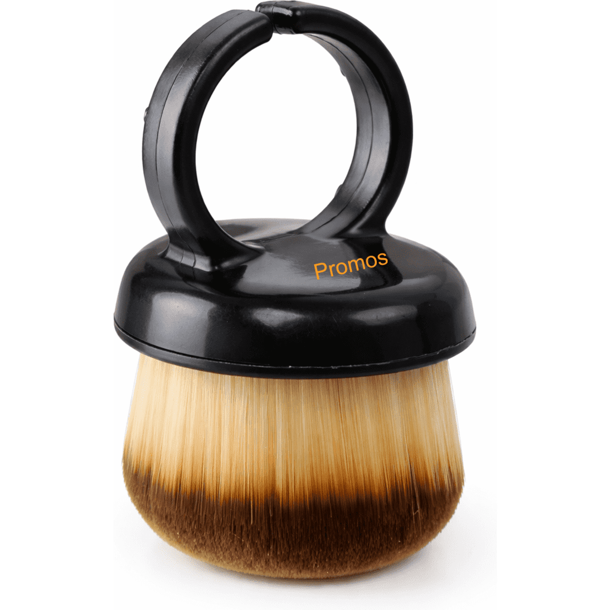 A cosmetic brush with a black handle and a bristle head featuring a gradient from light to dark brown.