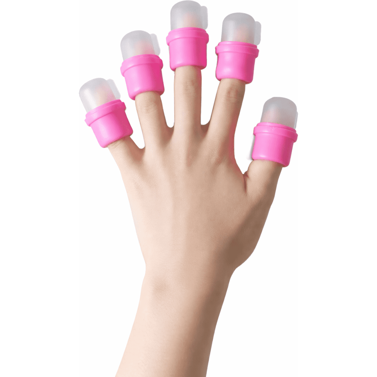 A hand with six pink finger rings, each featuring a small transparent bulb at the tip.