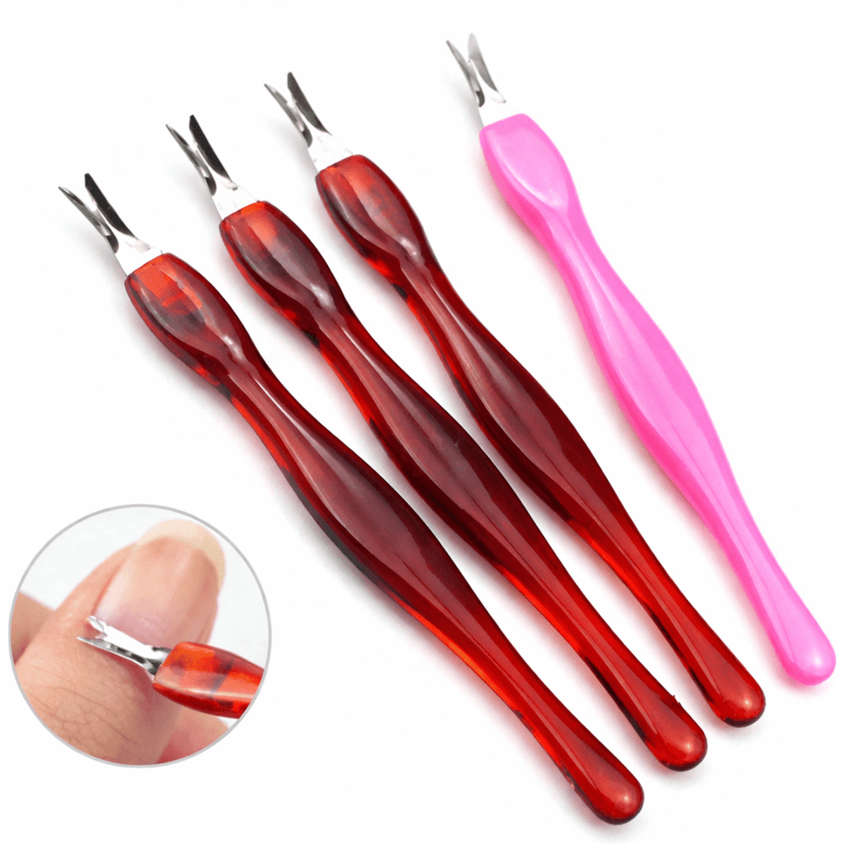 A set of four cuticle nippers in red and pink, featuring a sleek design and sharp metal tips.