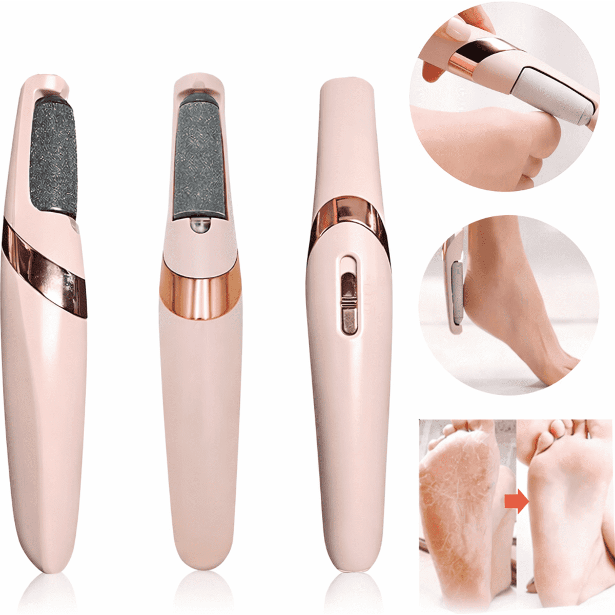 A foot file device in a soft pink colour with a textured grinding surface and a sleek design. Features a logo.