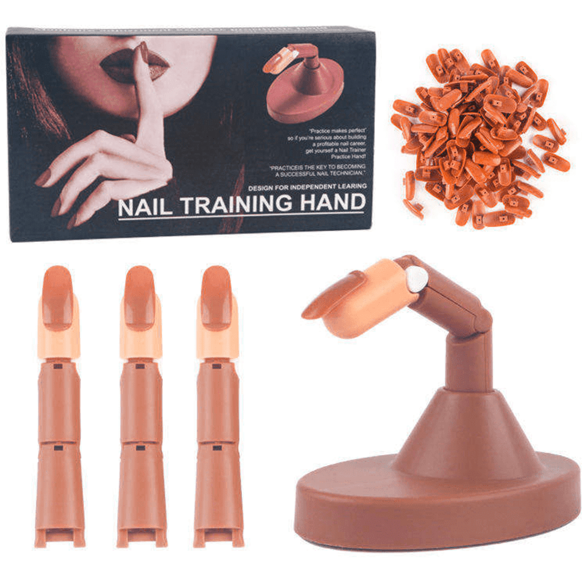 A nail training hand in brown, with three practice fingers and a base, plus a pack of nail tips.