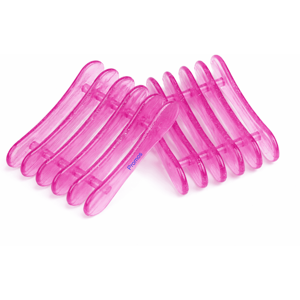 A set of transparent pink hair clips arranged in a row. Each clip has a smooth, elongated shape.