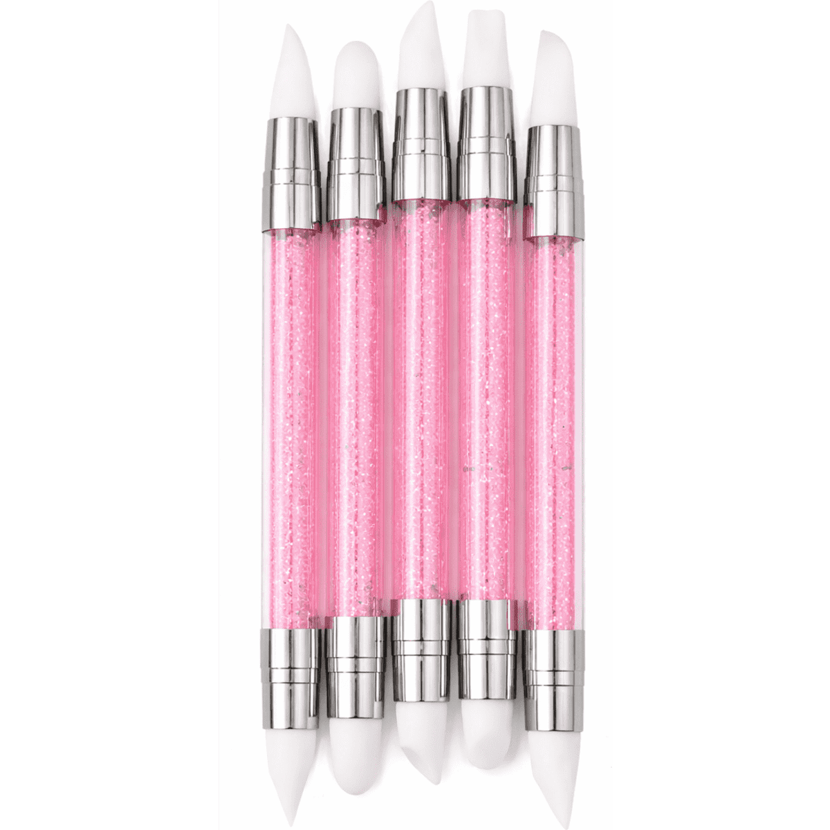 A set of five pink glittery tools with white ends, featuring metallic silver accents.