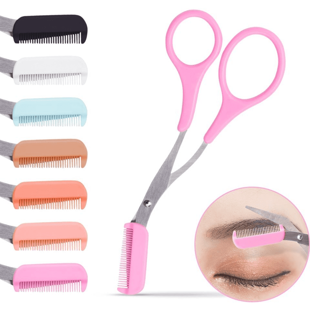 Eyebrow trimming scissors with a comb in pink, accompanied by various comb colours including black, white, and blue.