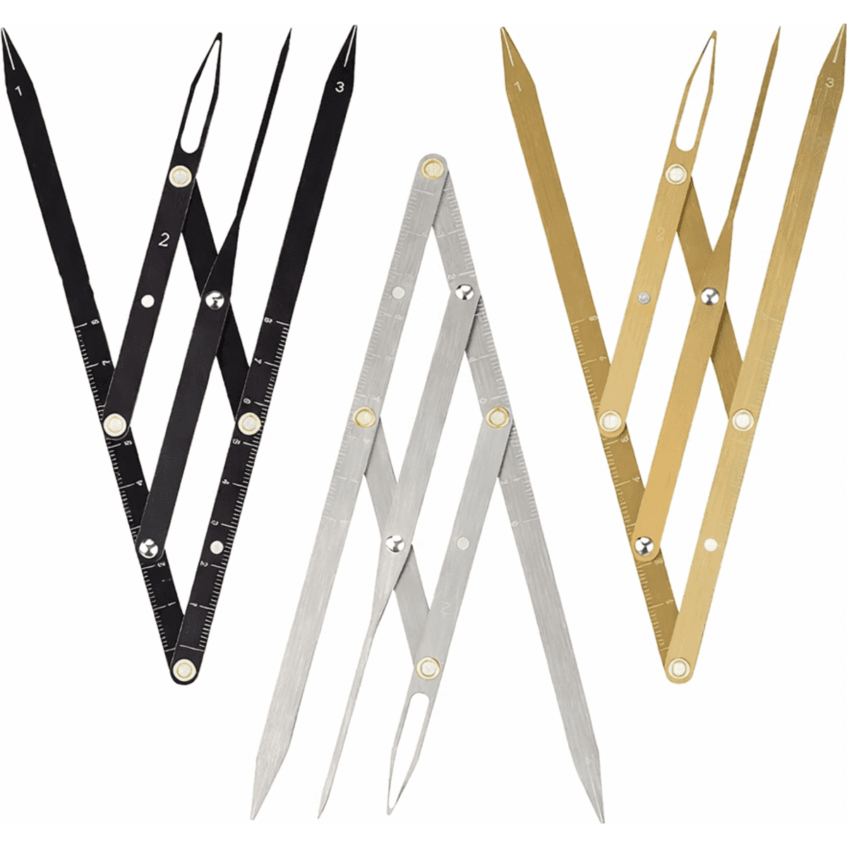 A set of compasses in black, silver, and gold, featuring pointed tips and measurement markings. Each has a logo.