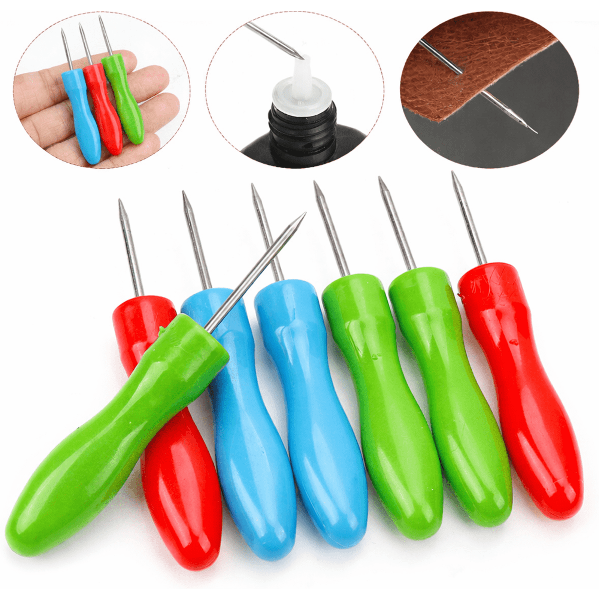 A set of six sewing awls with colourful handles in red, green, and blue, each featuring a sharp metal tip.