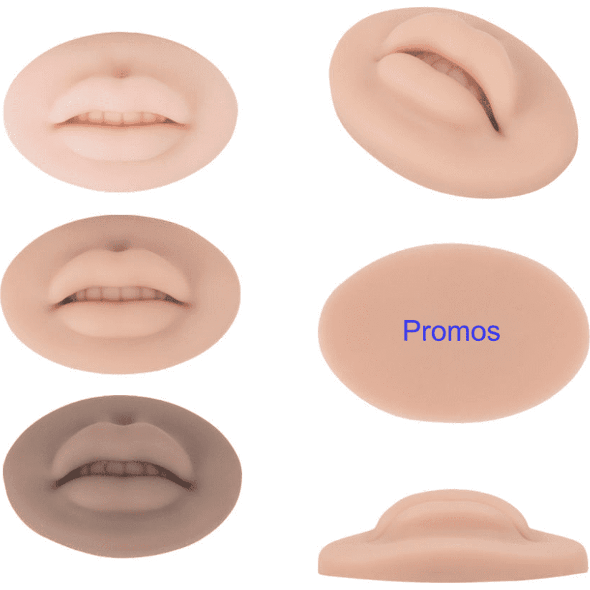 A collection of realistic lip models in various shades, including a promotional item with branding.