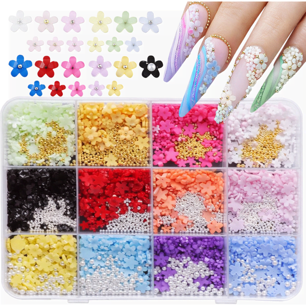 A nail art kit featuring various coloured flower-shaped embellishments and beads in a compartmentalised container.