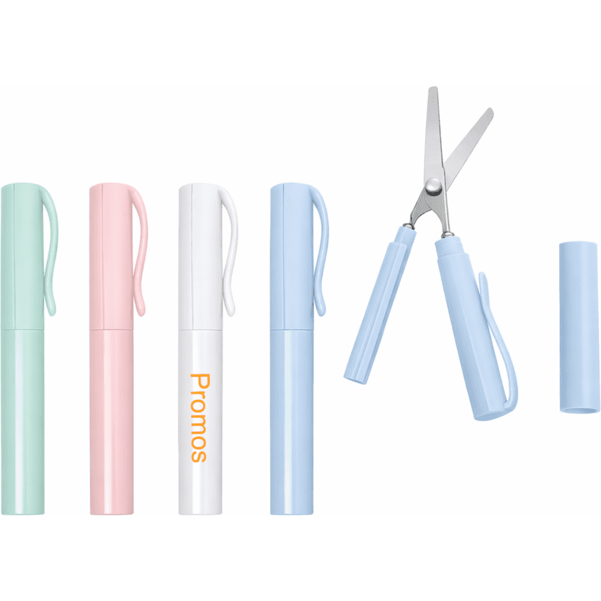 A set of four pens in green, pink, white, and blue, with a pair of blue scissors. The white pen has a logo.