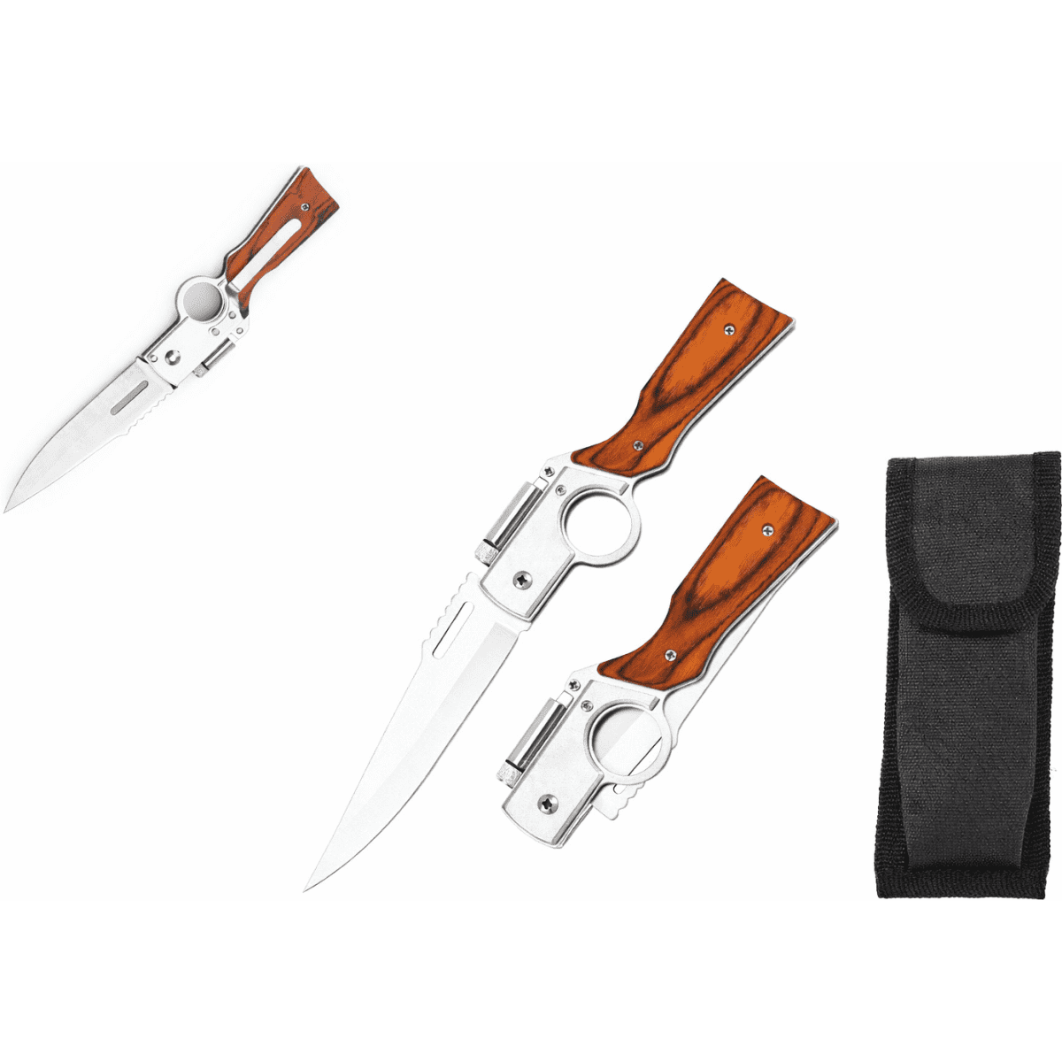 A set of three folding knives featuring silver blades and wooden handles, with a black carrying case.