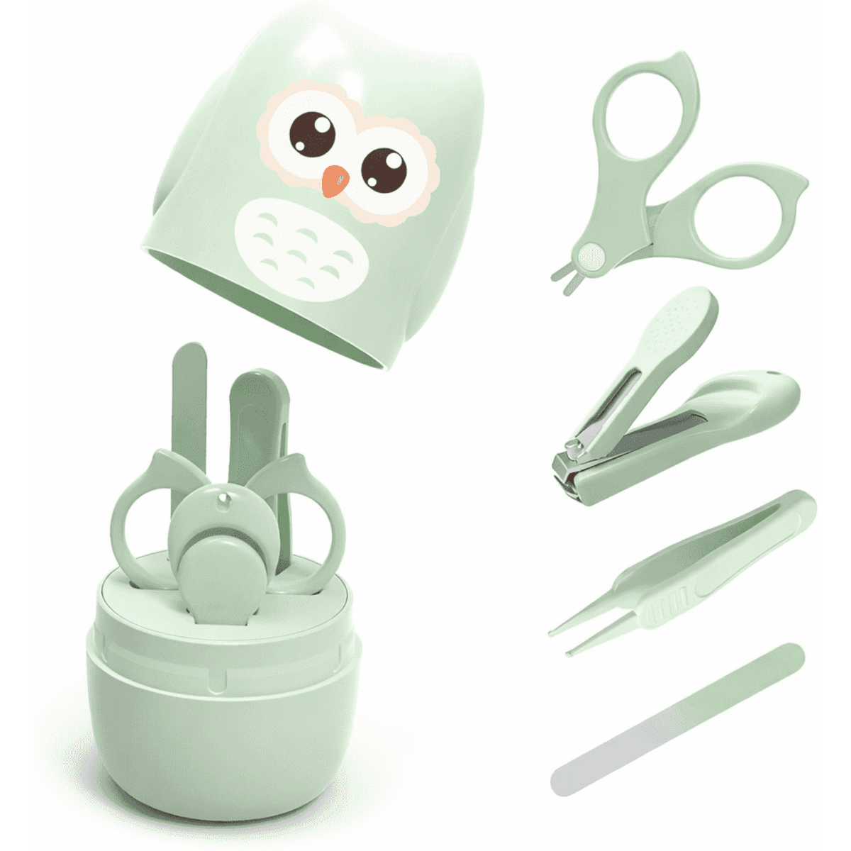 A mint green grooming set featuring an owl-themed container, scissors, nail clippers, tweezers, and a nail file.