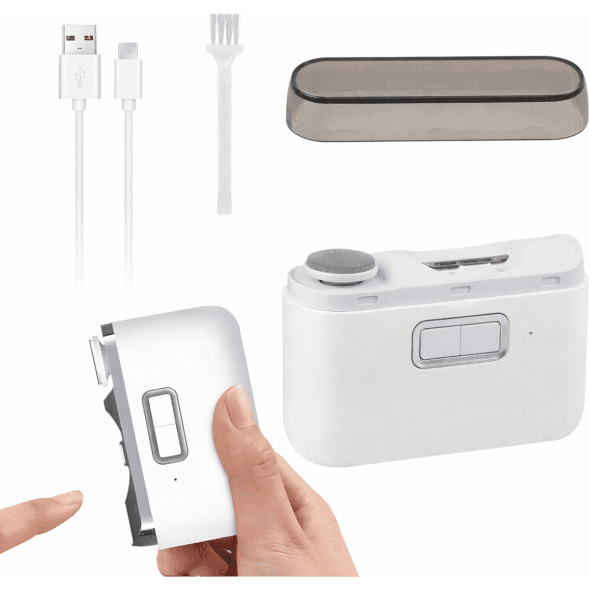 A compact white device with a button, USB cable, cleaning brush, and a protective case.