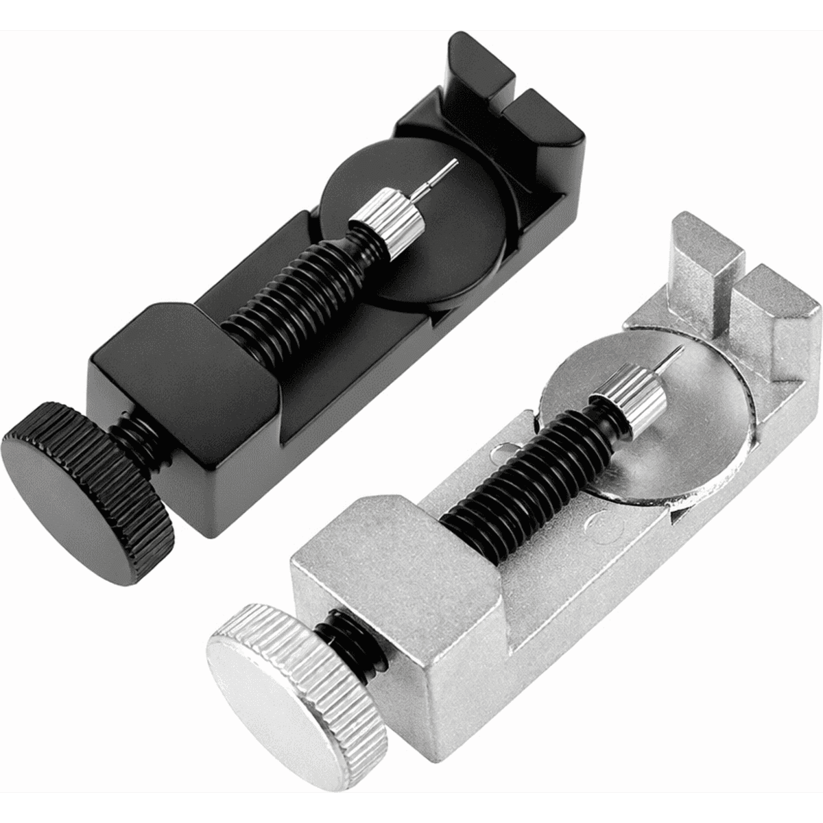A black and silver tool featuring adjustable clamps and a central screw mechanism for securing items.
