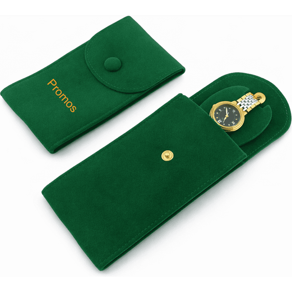 A green travel jewelry storage case with a gold watch displayed inside, featuring a snap closure and branding.