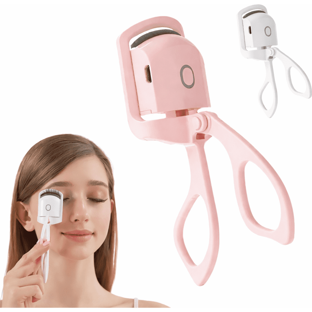 A pink eyelash curler is shown being used by a person, accompanied by a smaller white version.