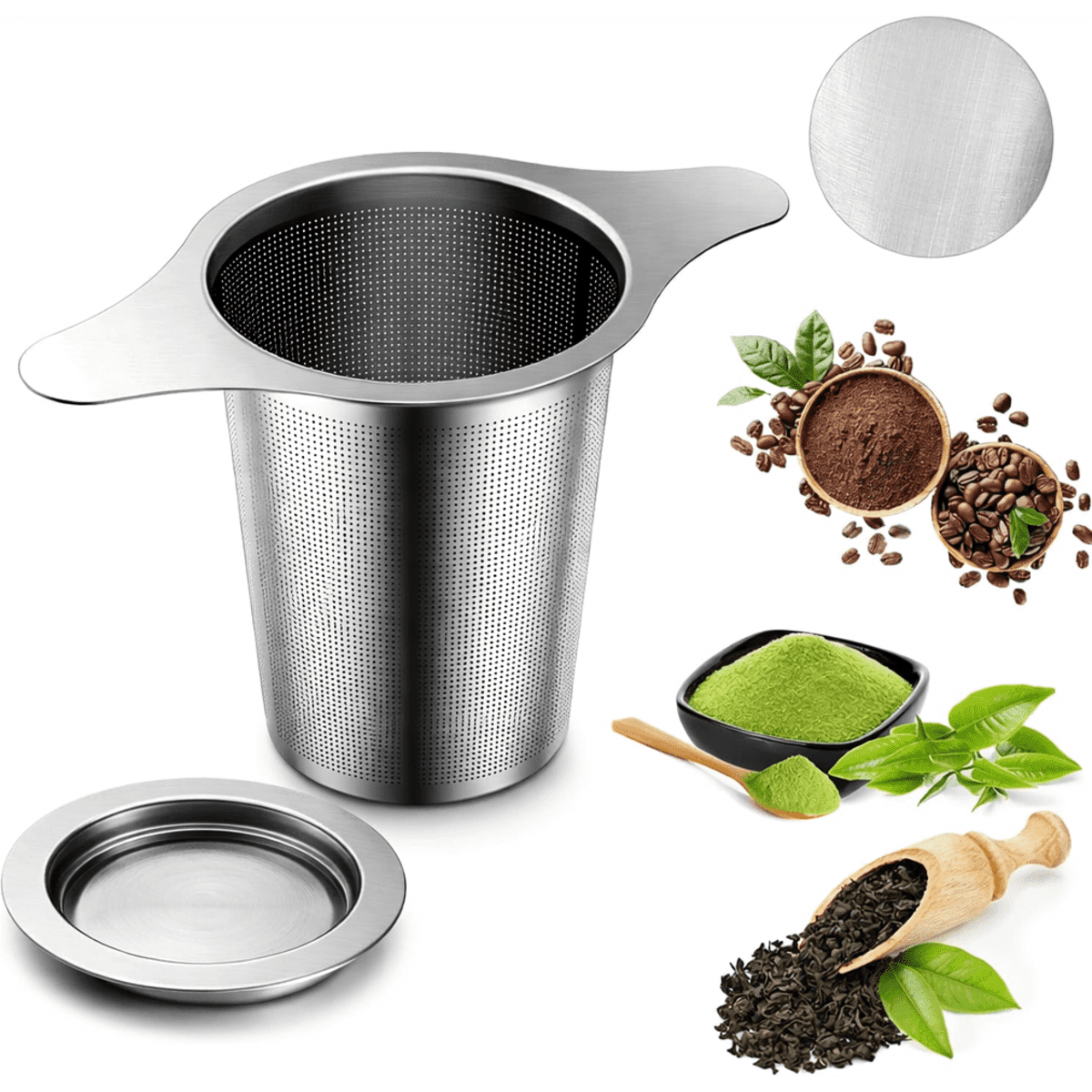 A stainless steel tea infuser with a fine mesh, accompanied by various tea leaves and powders.