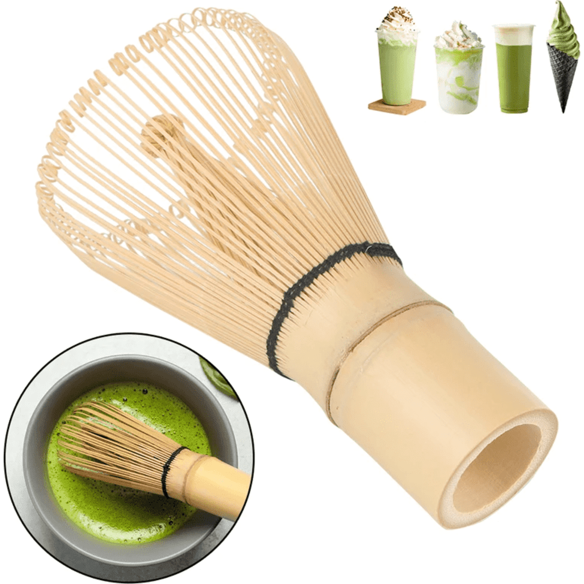 A bamboo matcha whisk with fine strands, used for mixing matcha, displayed with various matcha drinks.