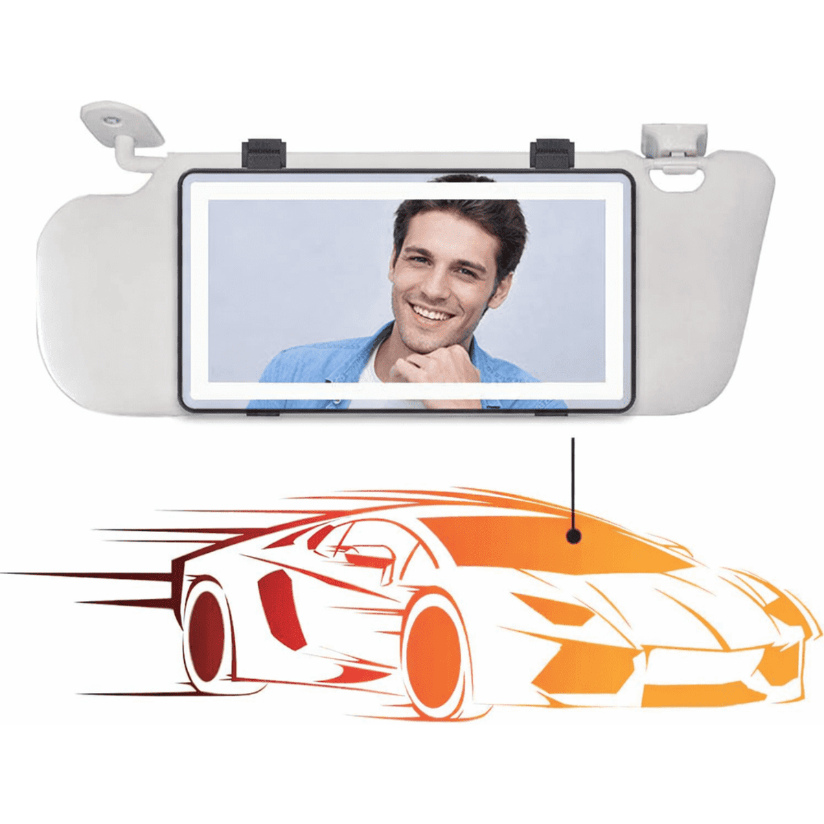 A car sun visor featuring a holder for a screen, with a sleek white design and an image of a smiling man displayed.