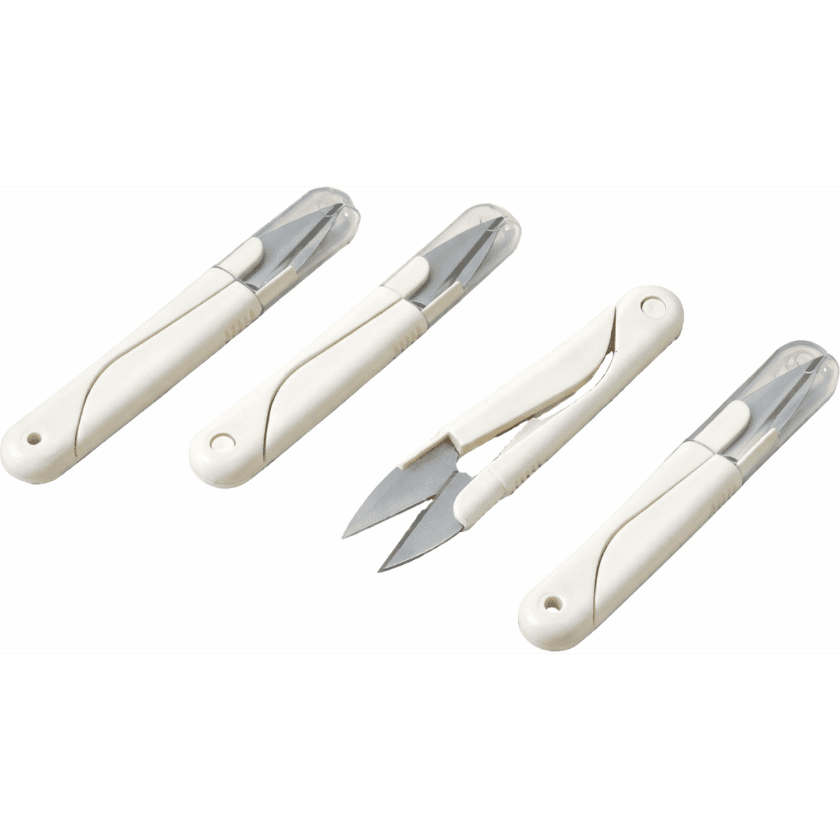 A set of four white craft knives with retractable blades, featuring sleek, curved handles. Each knife has a protective cover.