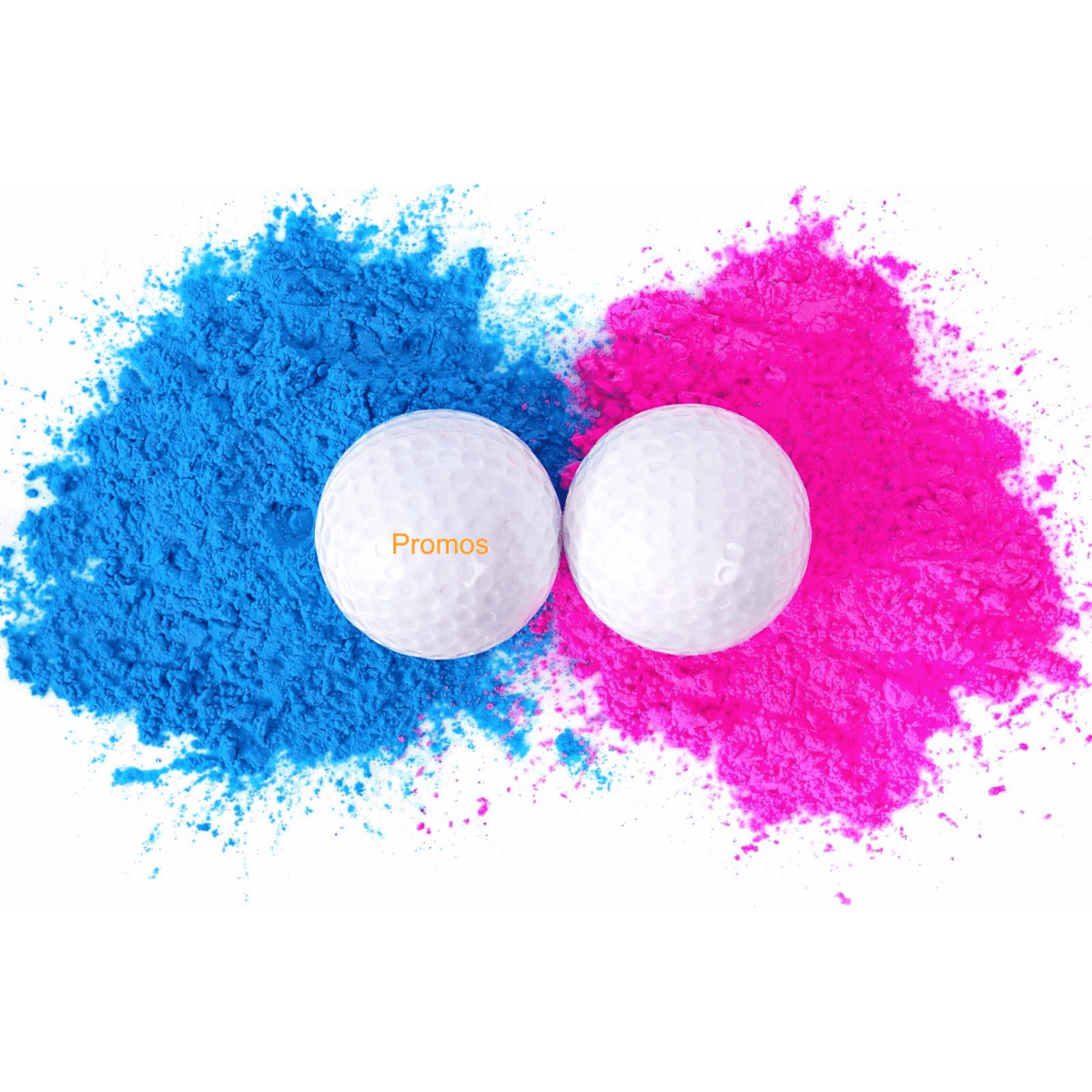 A pair of white golf balls positioned between vibrant blue and pink powders, with a logo on one ball.