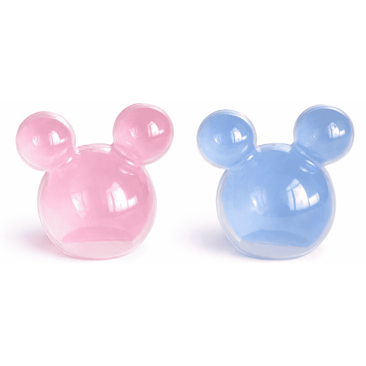 Two round, colourful containers in pink and blue, each featuring Mickey Mouse ears. Both have a glossy finish and a logo.