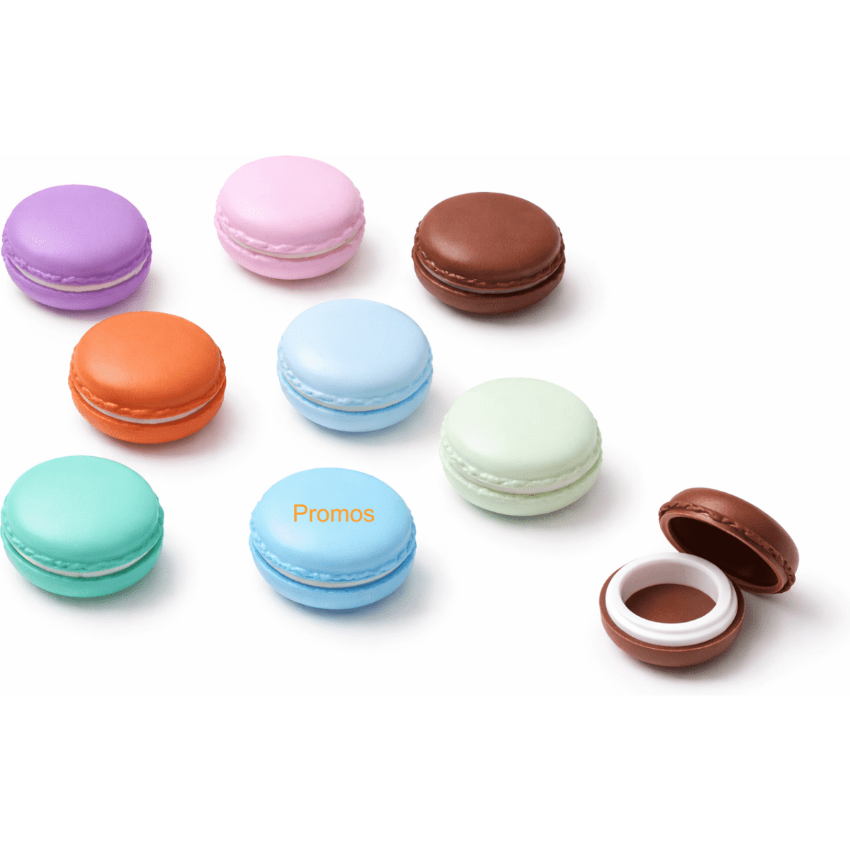 A set of colourful macaron-shaped containers in purple, pink, blue, green, and brown. Each has a removable lid.