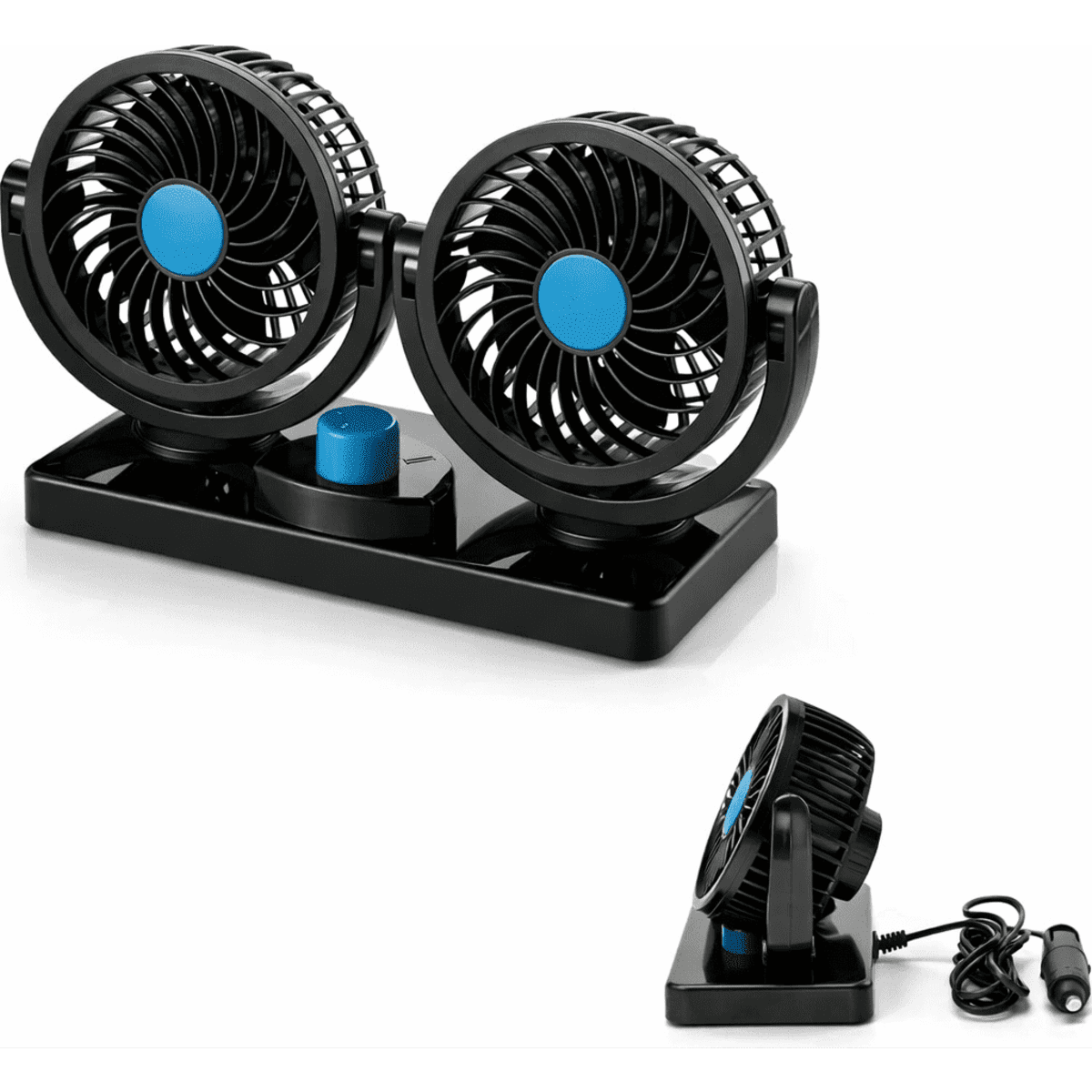 A dual desktop fan unit in black with blue accents, featuring adjustable speed settings and a power cable.