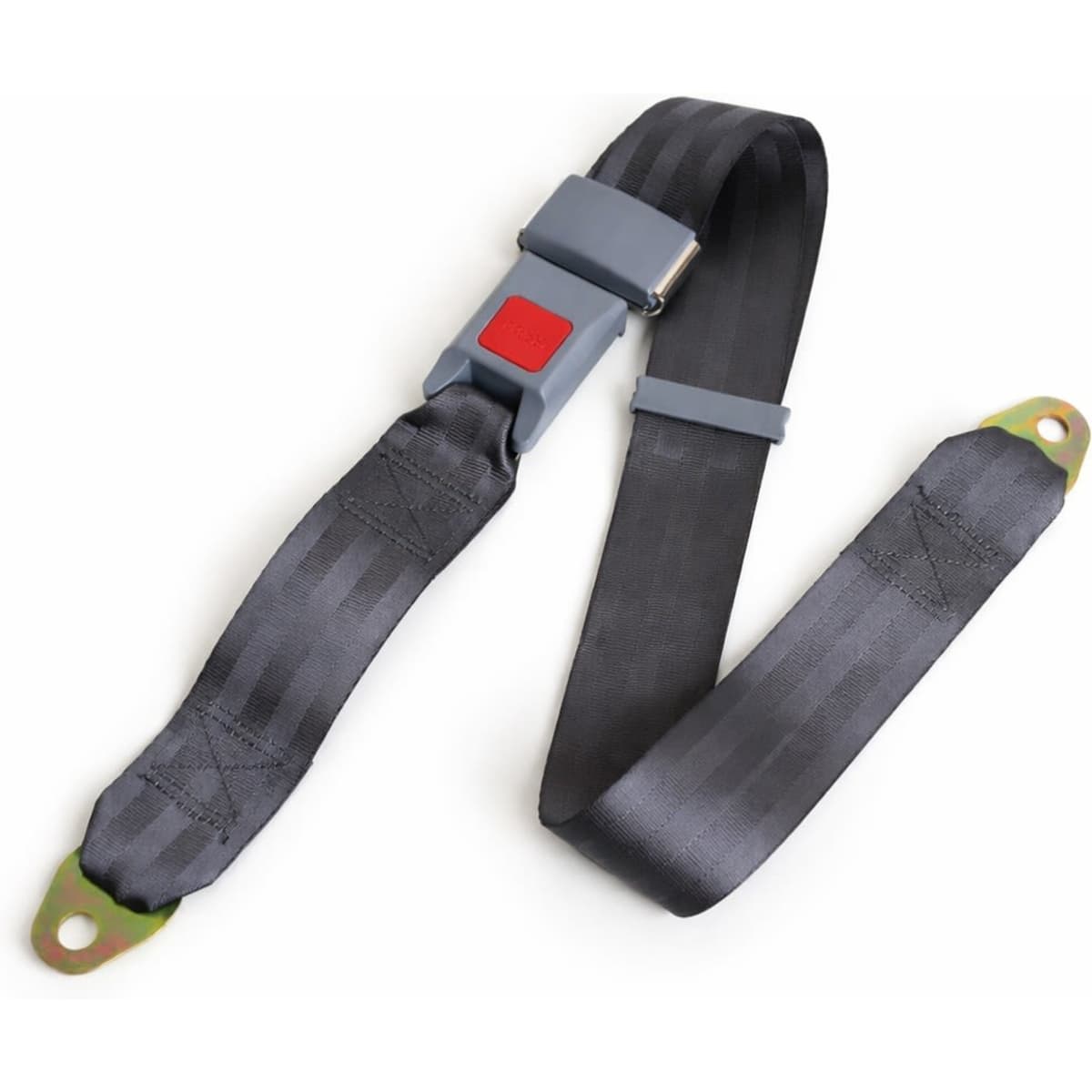 A grey seat belt with a red buckle, featuring a sleek design and metallic attachment points.