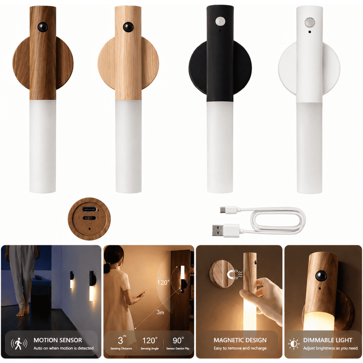 Rechargeable Motion Sensor LED Wooden Wall Light