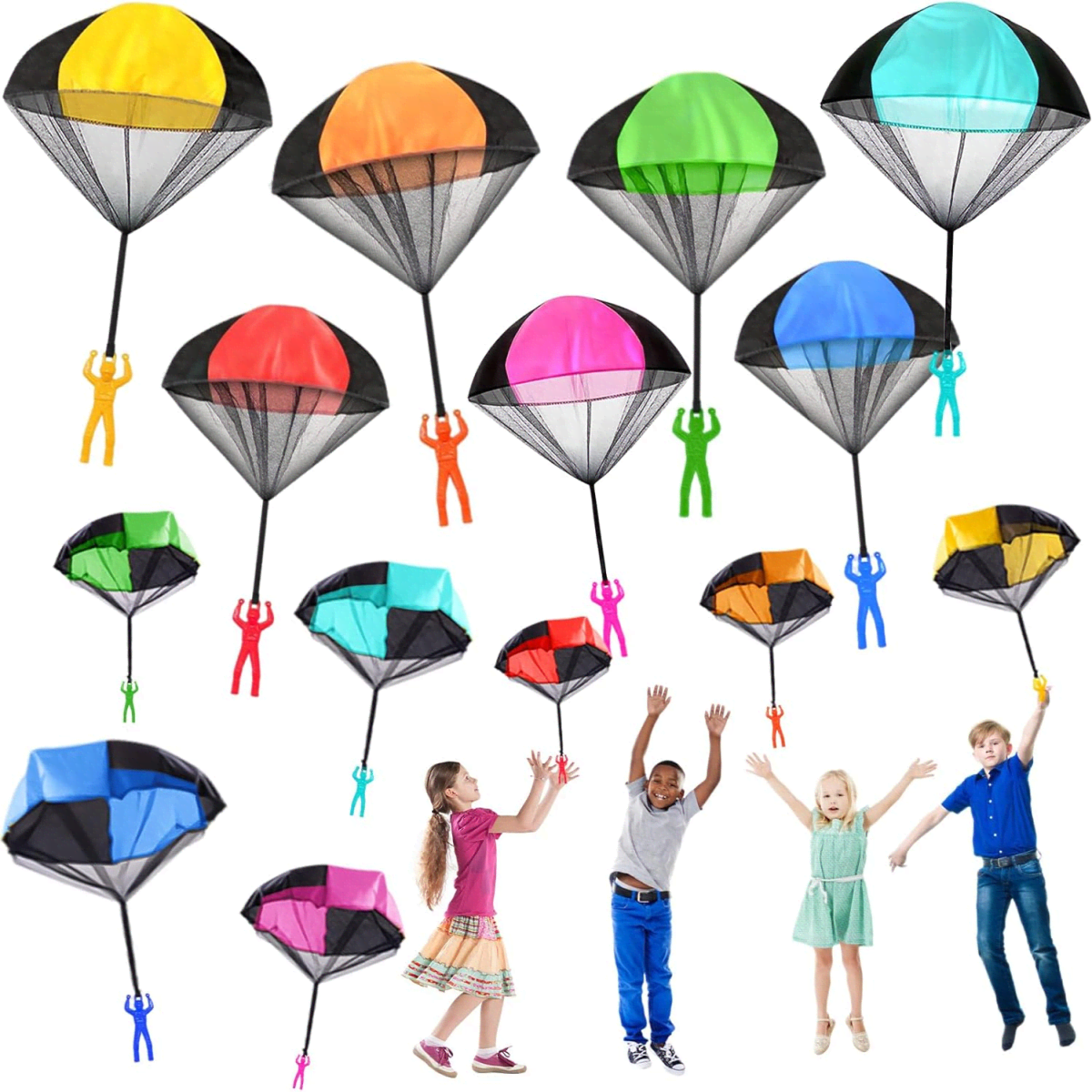 A variety of colourful parachute toys in different sizes and designs, featuring small figures attached to parachutes.