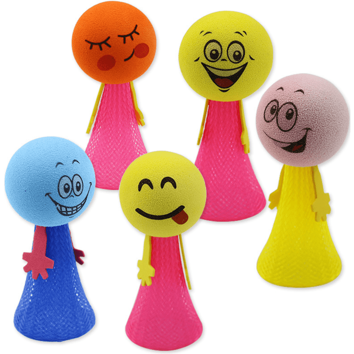 A set of five colourful ELF toys with various smiling faces, featuring blue, pink, orange, yellow, and green colours.