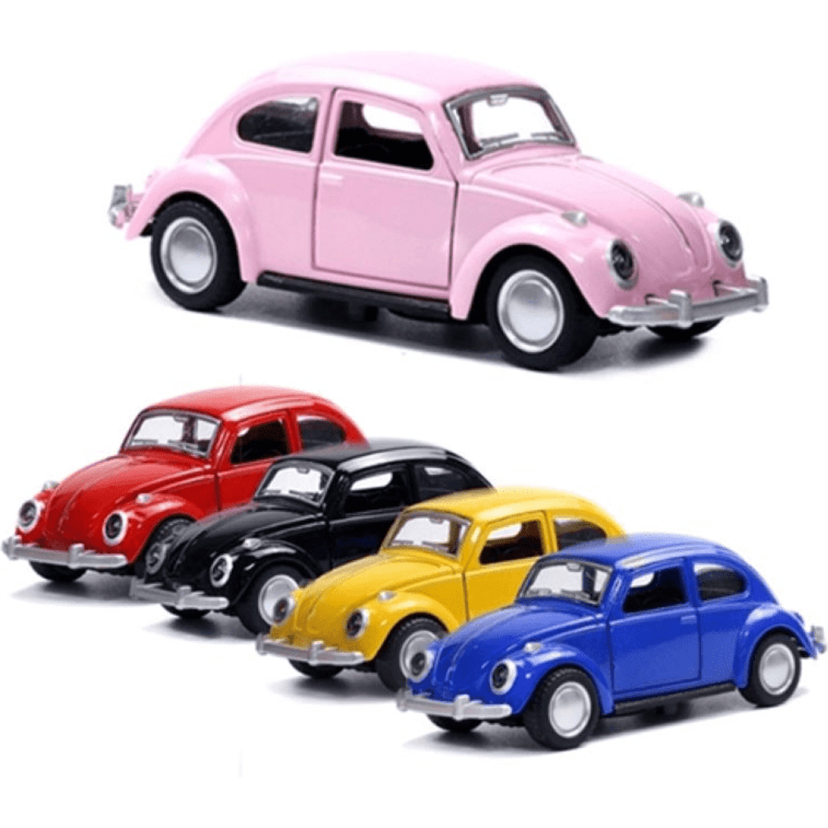 A collection of diecast cars in pink, red, black, yellow, and blue, featuring detailed designs and wheels.